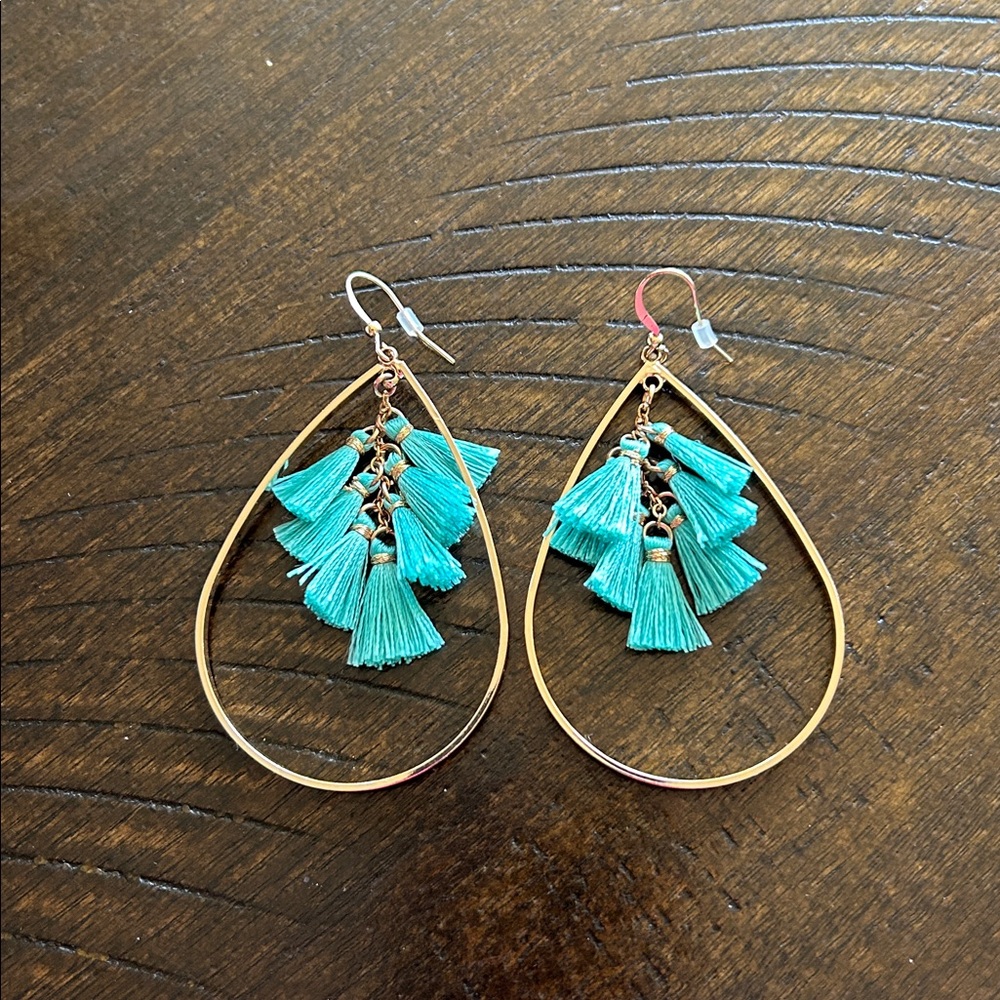 Gold Hoop Earrings with Teal Tassels